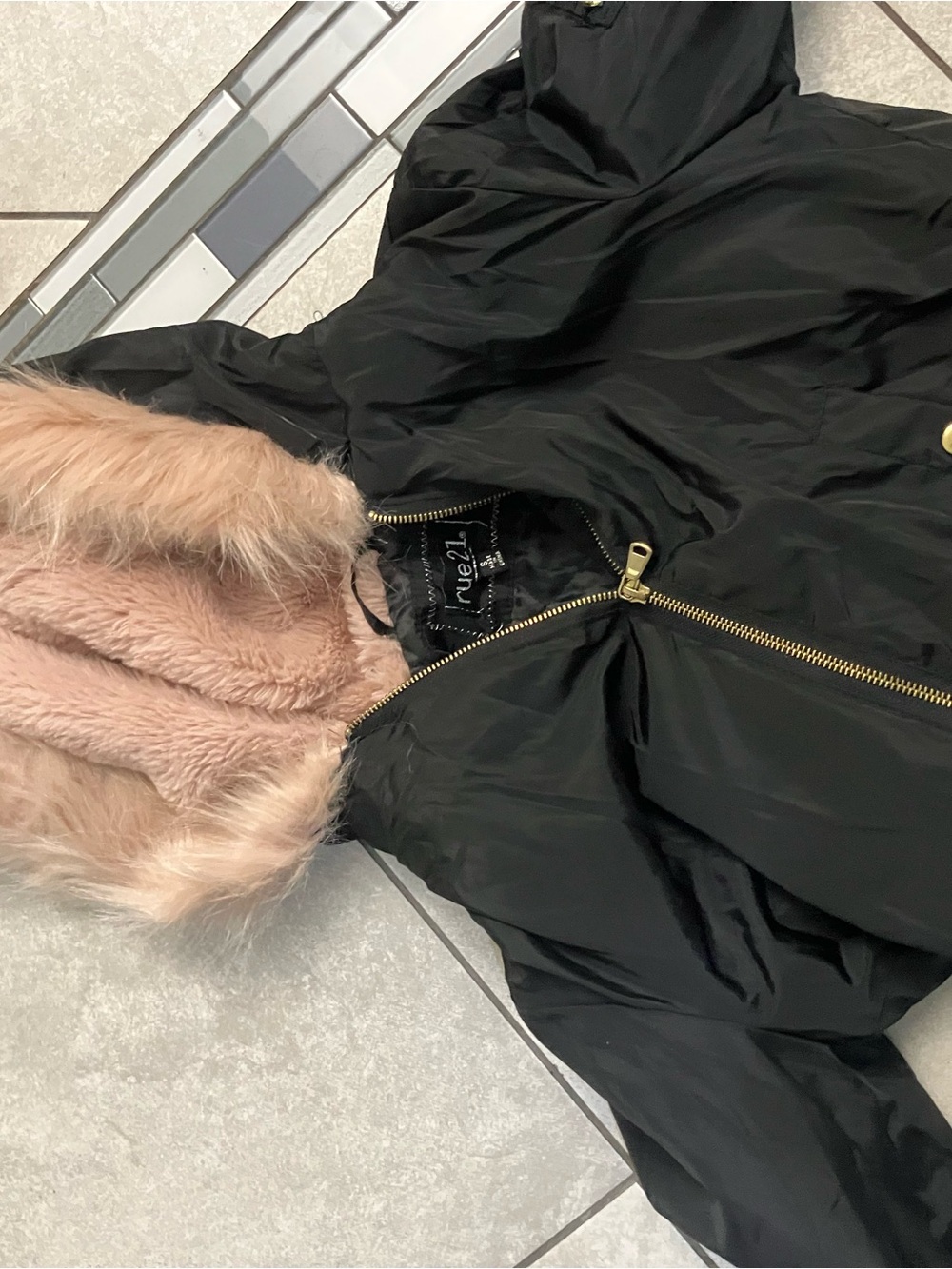 Rue21 Black Bomber Jacket with Blush Faux Fur Hood